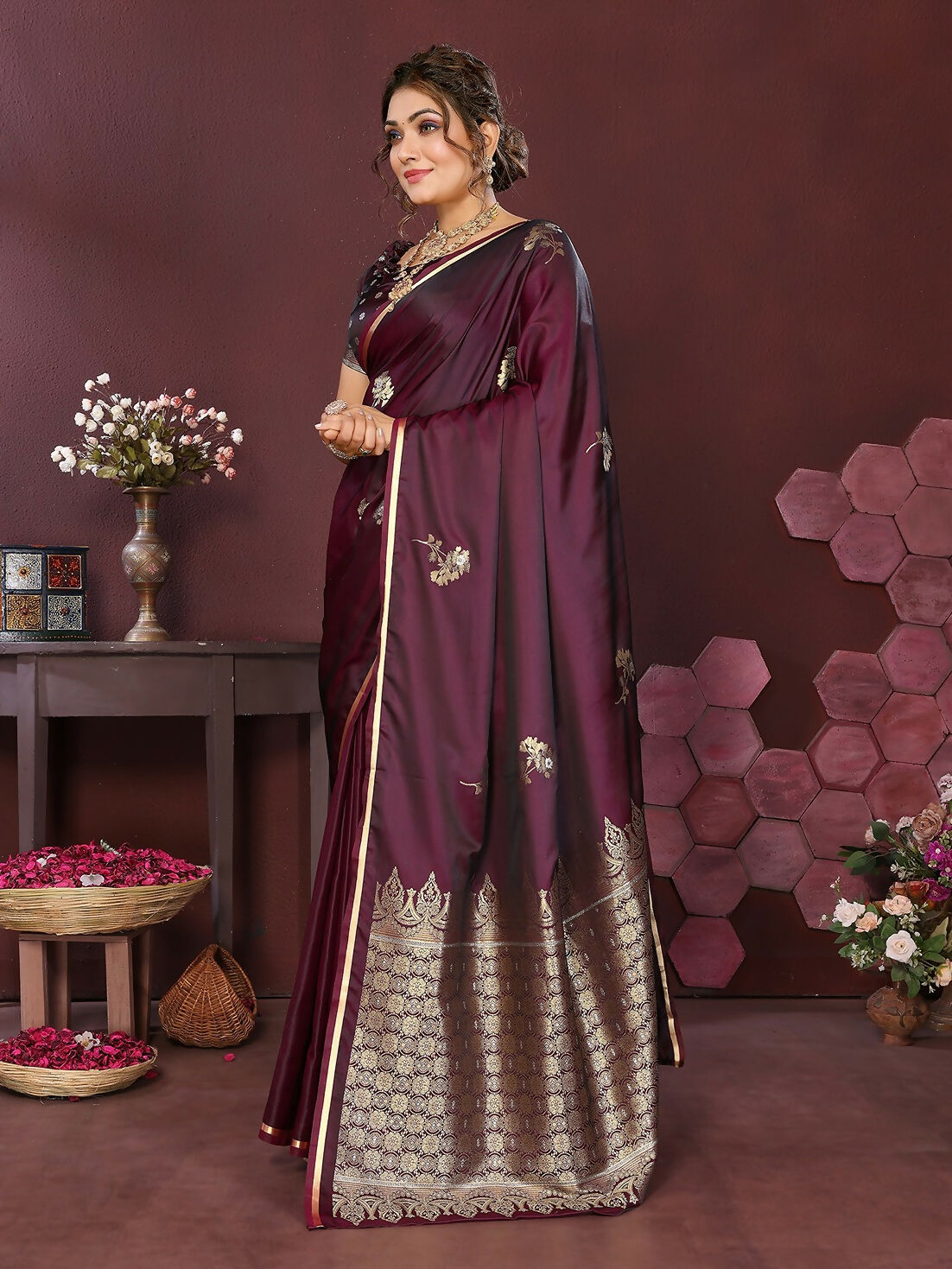 Joban Fashion Wine Floral Banarasi Silk Sarees | Swadesiicart