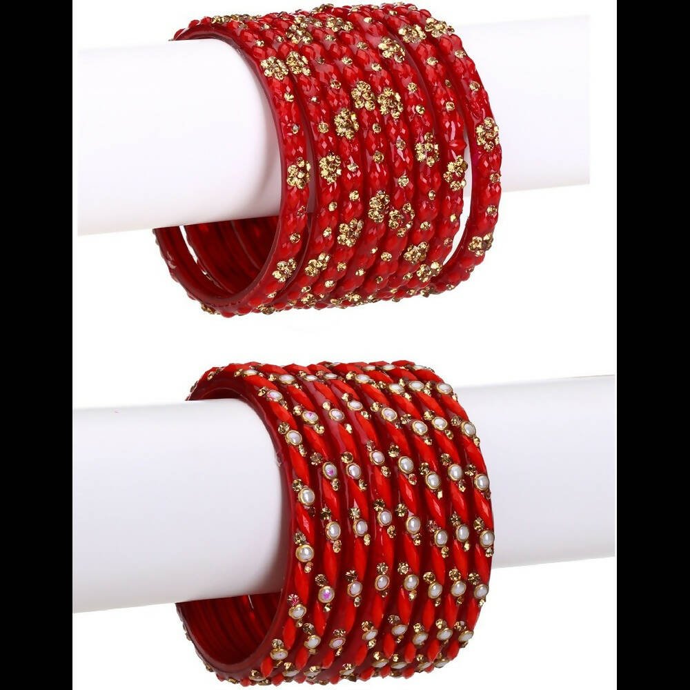 Afast Bridal Wedding & Party Fashionable Colorful Glass Bangle/Kada Set, Pack Of 16 - Red - Afast Enterprises
