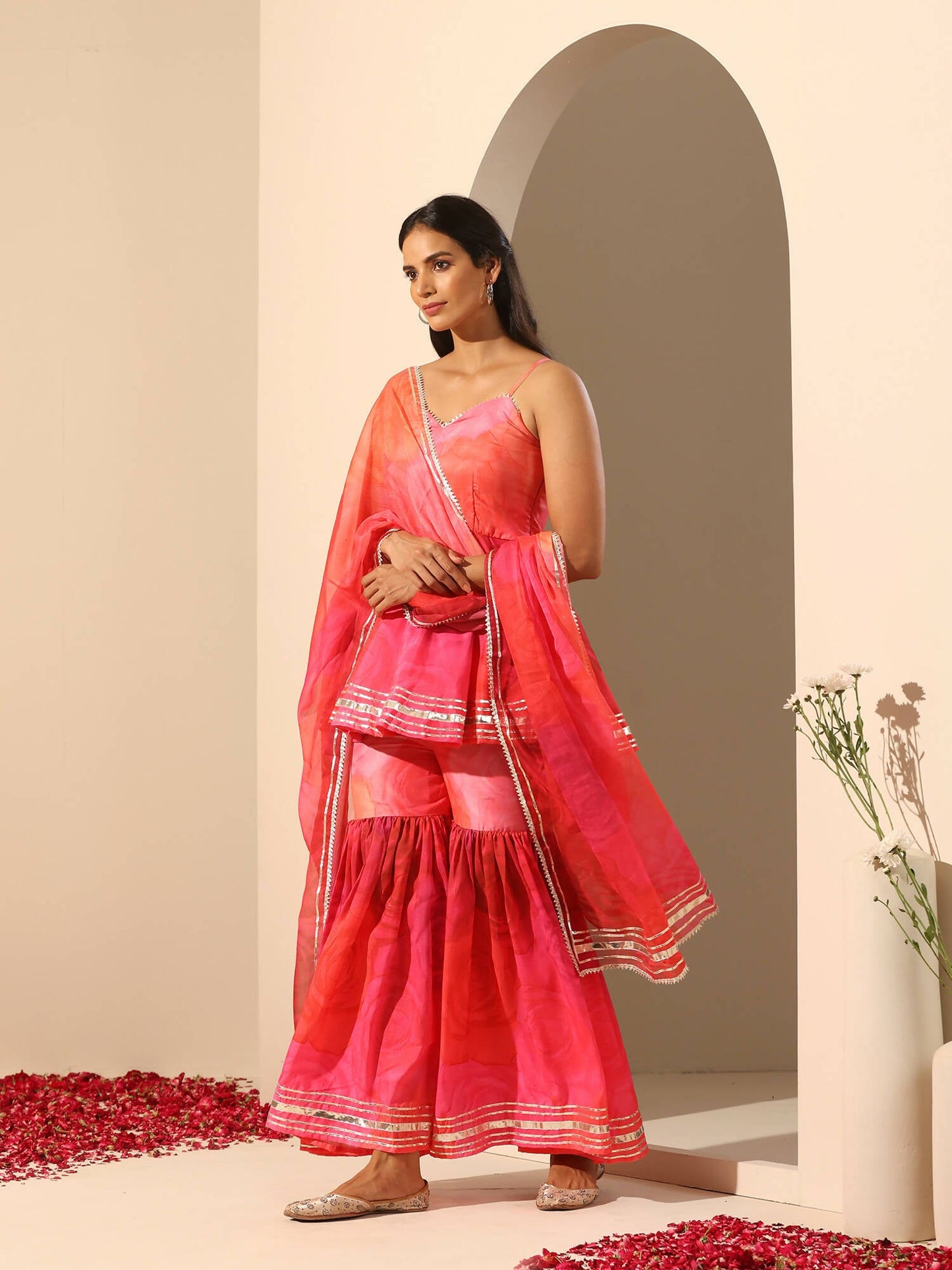 Pomcha Jaipur Pink Gul Bahaar Sharara Set | Swadesiicart