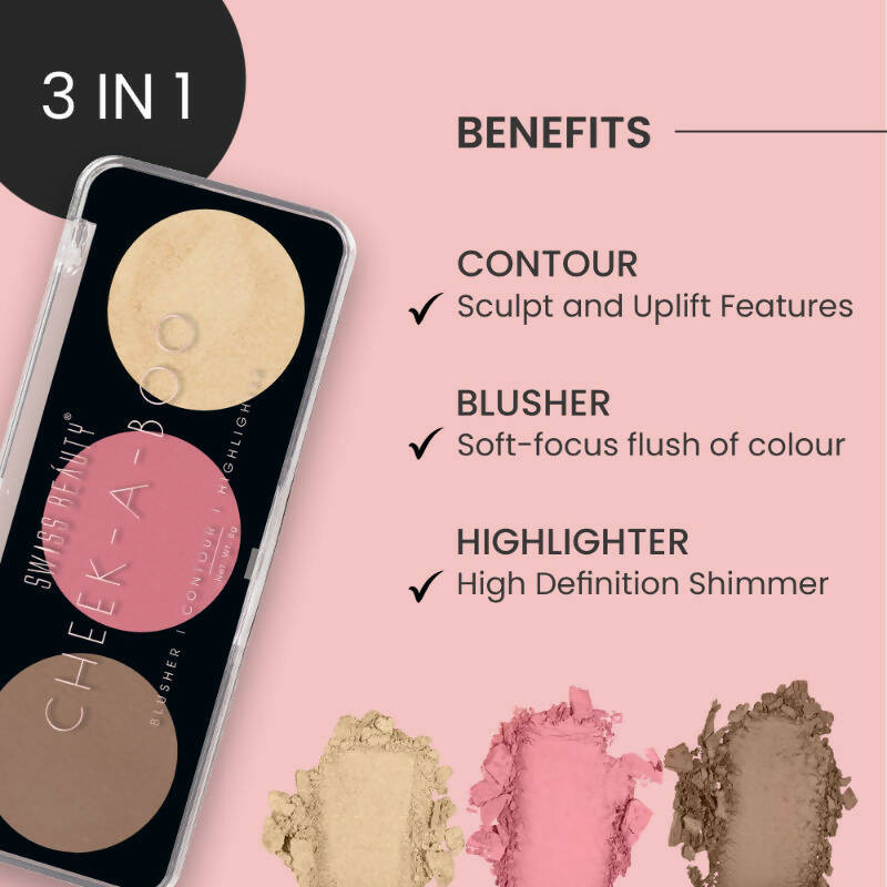 Swiss Beauty Cheek-A-Boo 3 In 1 Blusher Contour & Highlighter - 3 | Swadesiicart