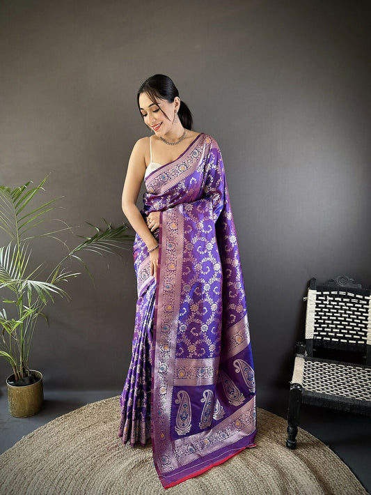 Joban Fashion Purple Meenakari Banarasi Silk Sarees | Swadesiicart