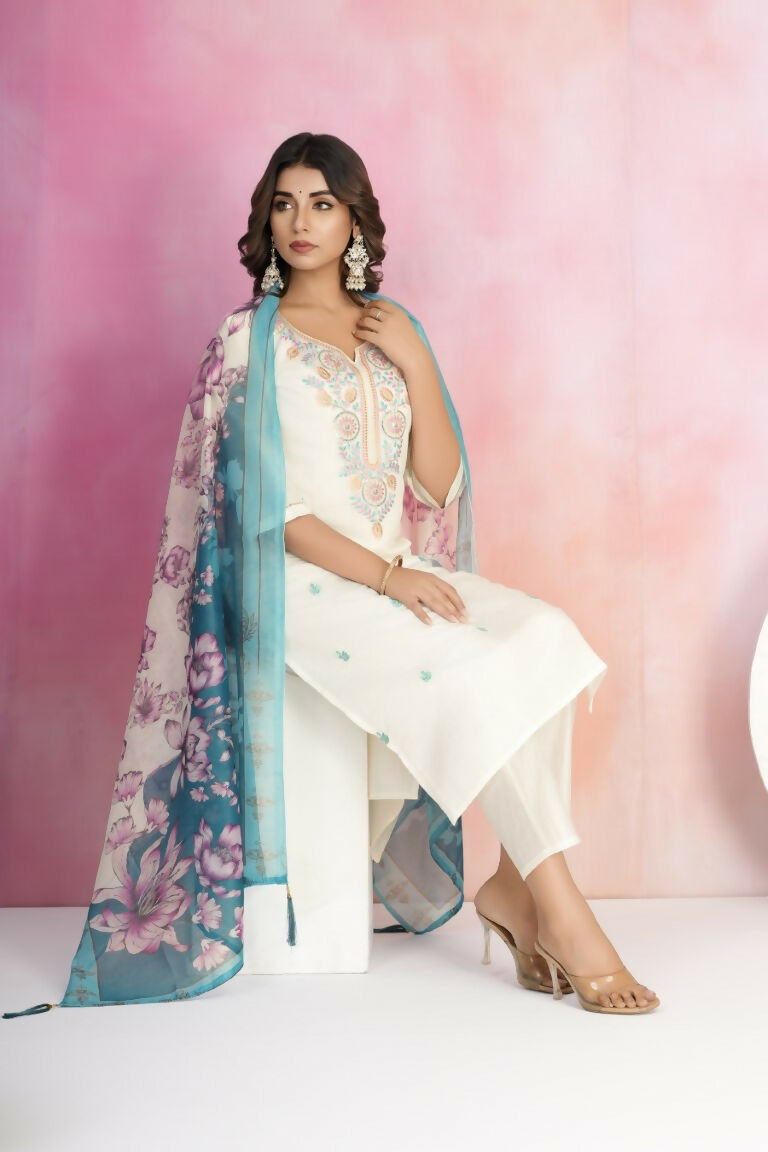 Ethnic Festive Wear Viscose Chanderi Off White Stitched Suit With Dupatta - Tanisha | Swadesiicart