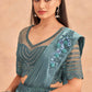 Blue Satin Embroidered Ready To Wear Saree With Unstitched Blouse Piece - Nandika | Swadesiicart