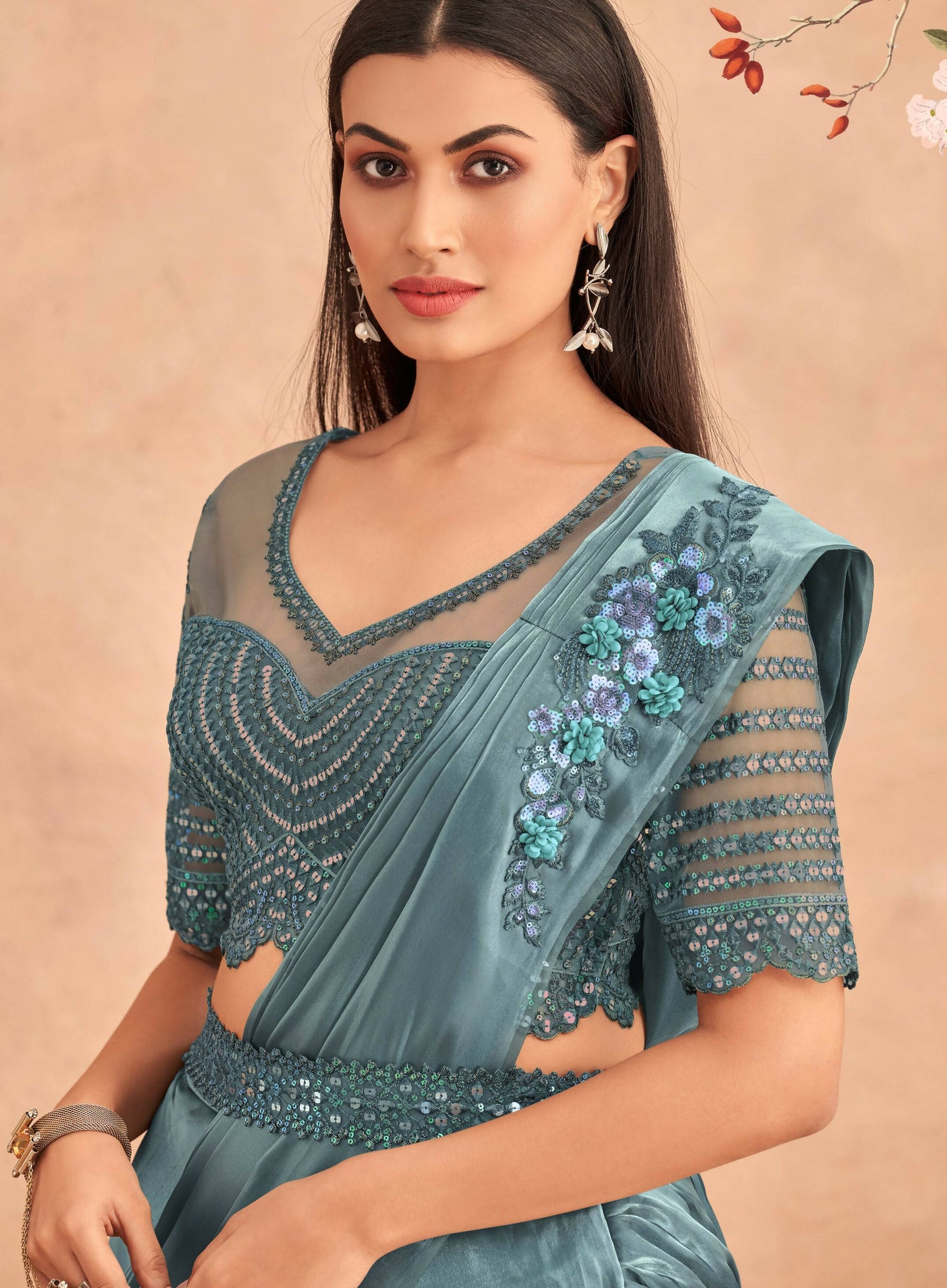 Blue Satin Embroidered Ready To Wear Saree With Unstitched Blouse Piece - Nandika | Swadesiicart