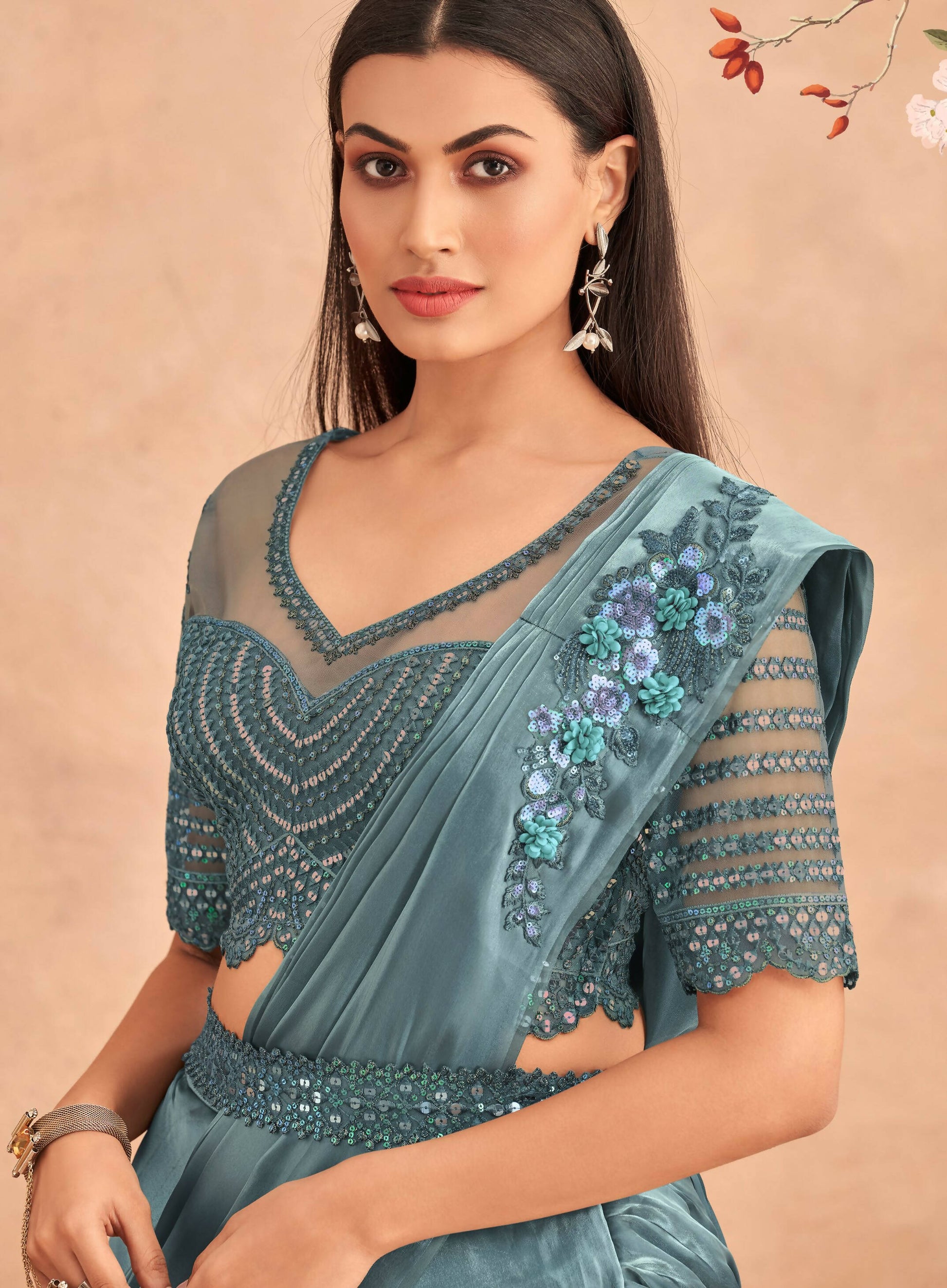 Blue Satin Embroidered Ready To Wear Saree With Unstitched Blouse Piece - Nandika | Swadesiicart