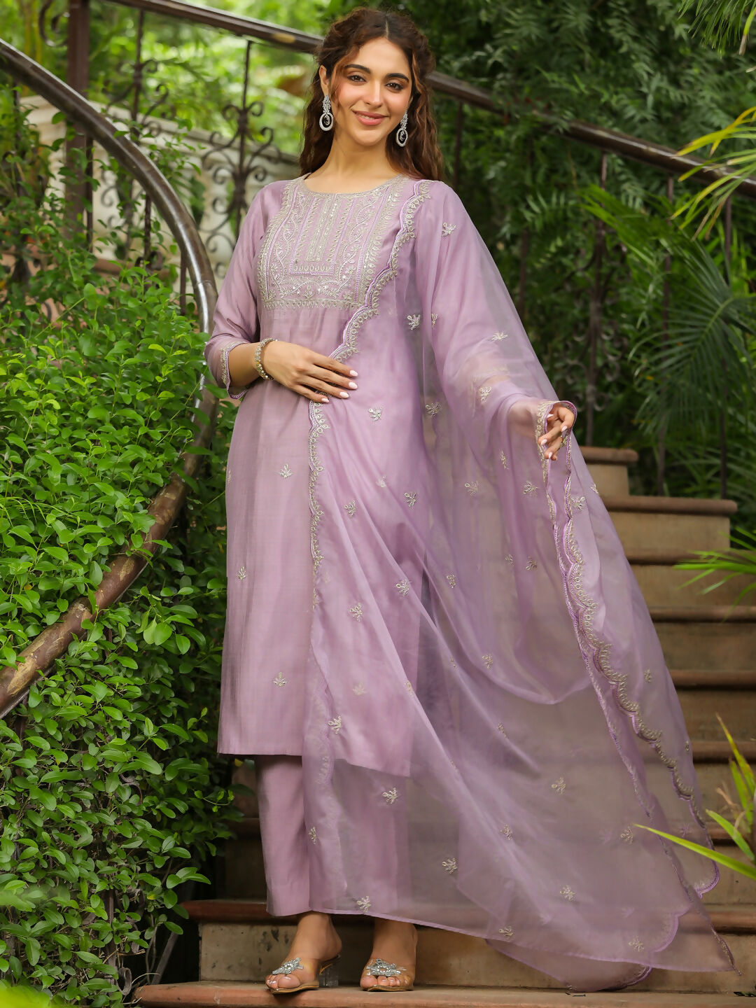 Janasya Lavender Silk Blend Solid Kurta,Bottom & Dupatta | Swadesiicart