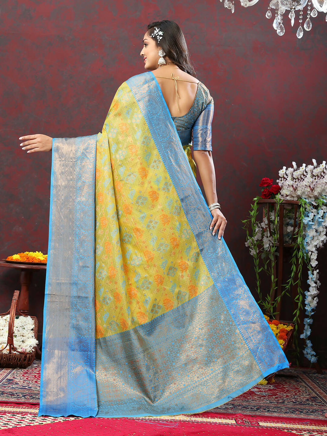 Lorenvalley Fashion Yellow Cotton Woven Design Zari Meenakari Weaving Saree - Swadesiicart