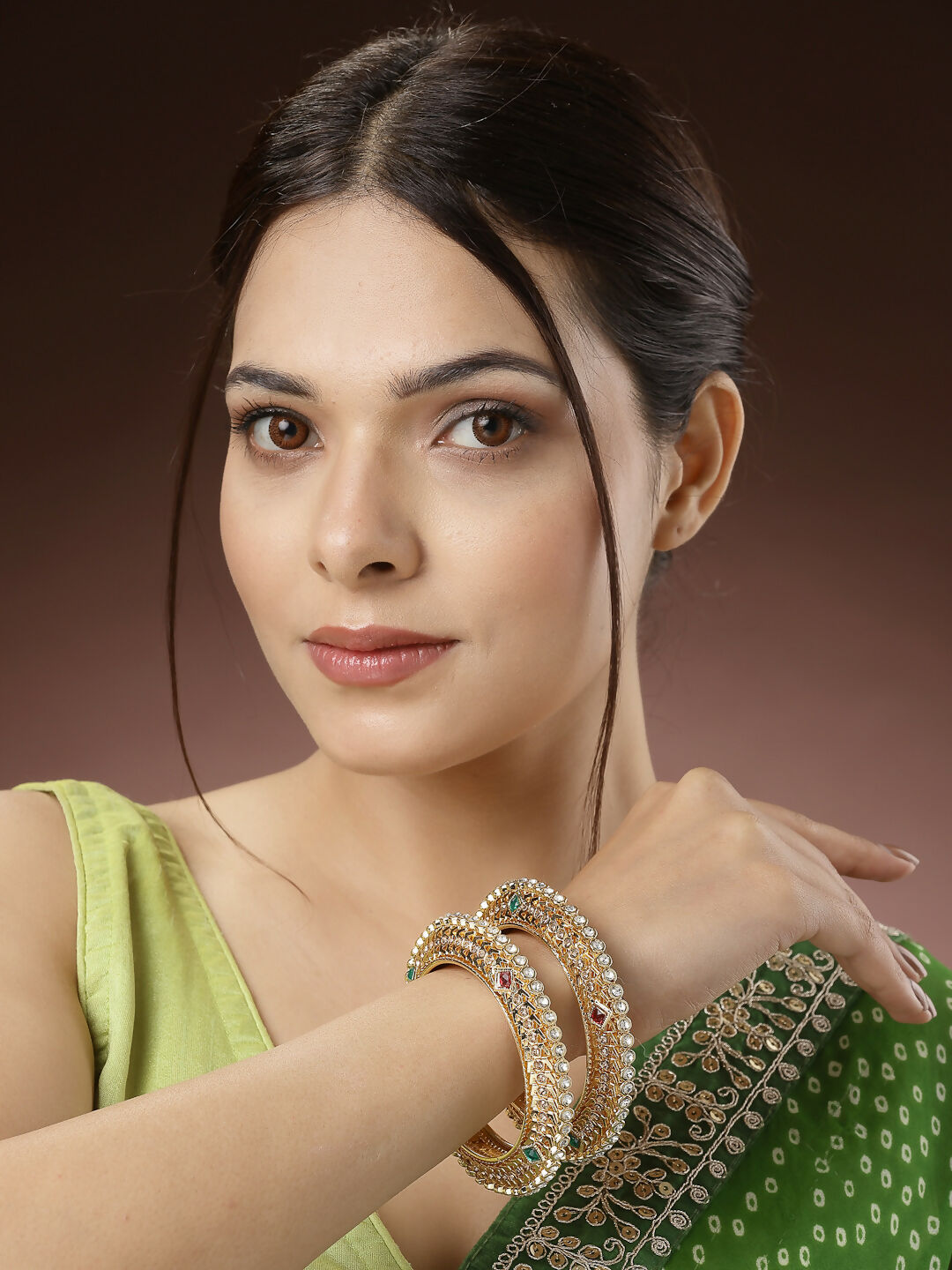 NVR Women's Set of 2 Gold-Polished Kundan Traditional Bangles - Swadesiicart