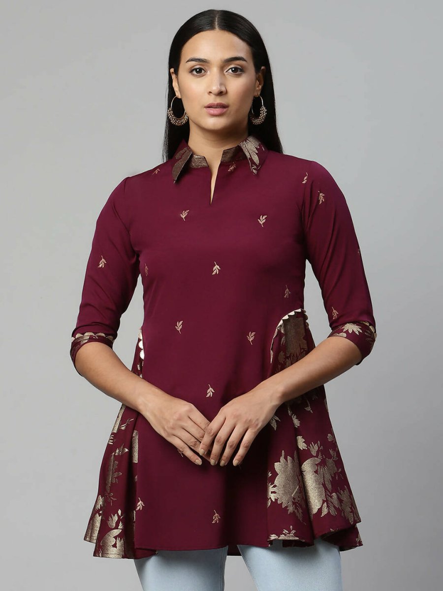 Ahalyaa Women Wine Crepe Printed Tunic | Swadesiicart