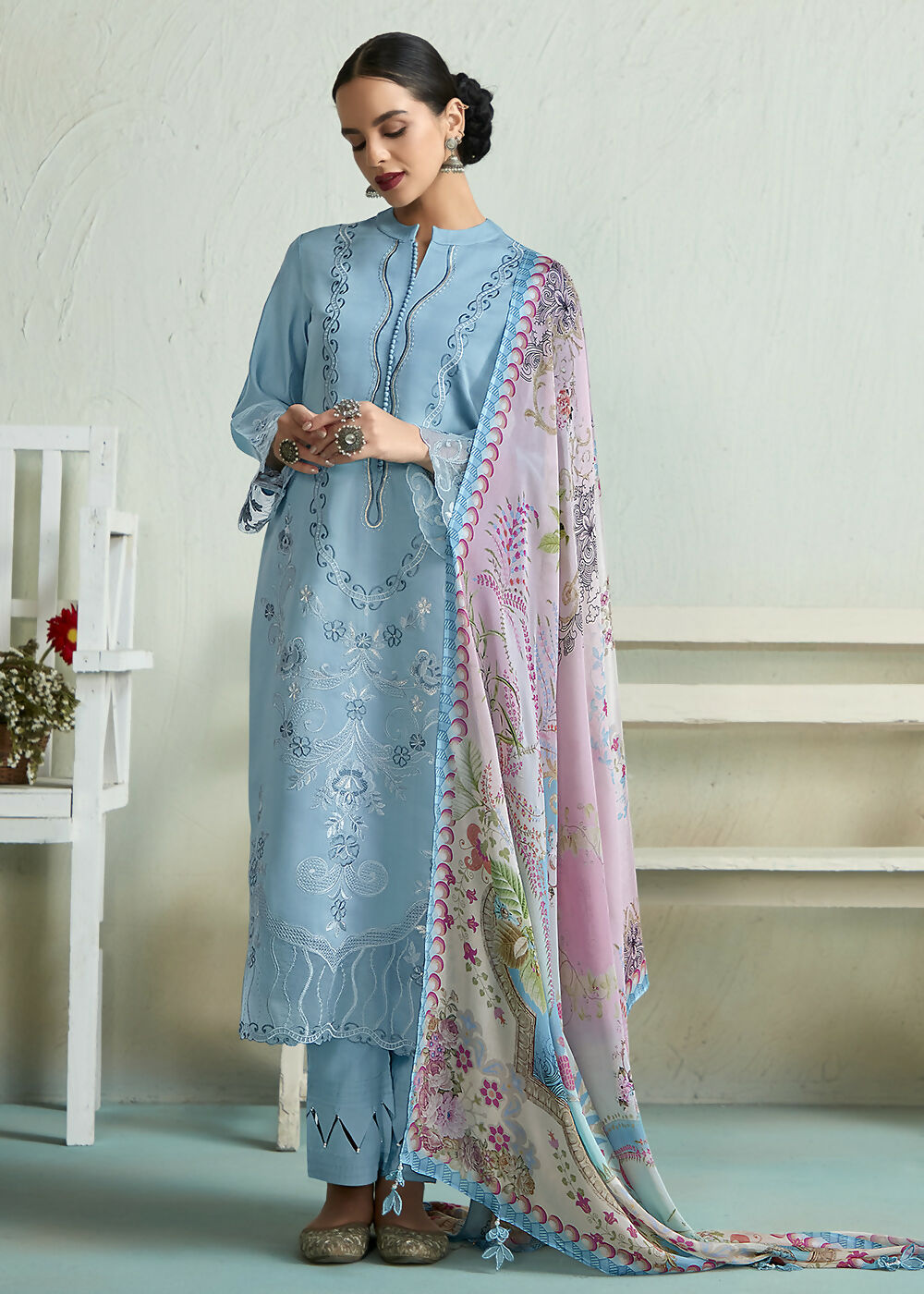 Powder Blue Pure Muslin Resham Embroidered Salwar Suit - Emponline | Swadesiicart