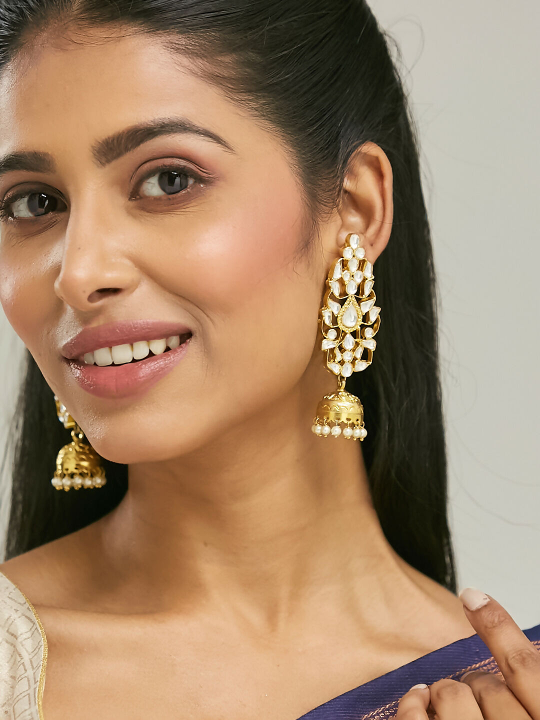Nuyug 22K Gold-Plated Regal Kundan Stone Studded & Pearl Drop Jhumkas | Swadesiicart