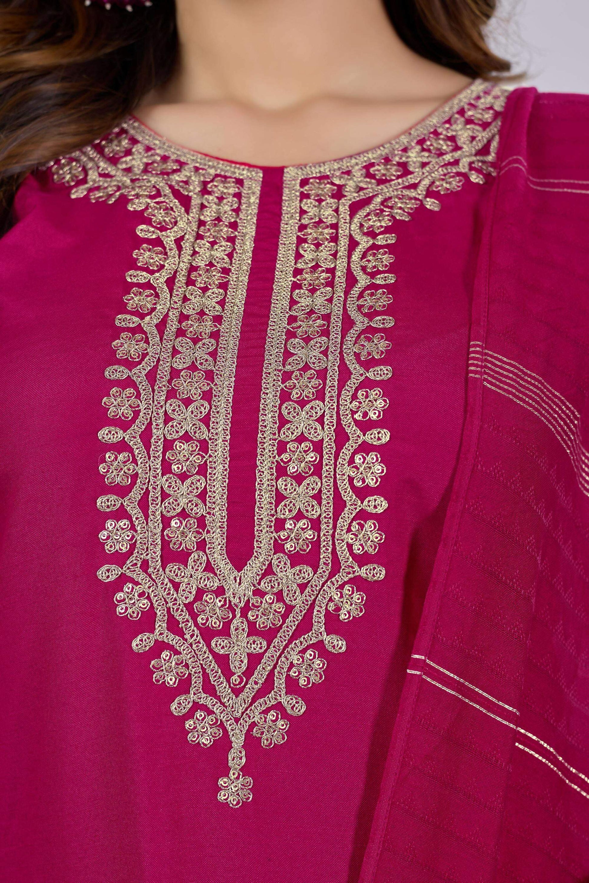 The52 Pink Women's Beautiful Embroidered Rayon Slub Fabric with Straight Kurta, Pant and Dupatta Set - Swadesiicart