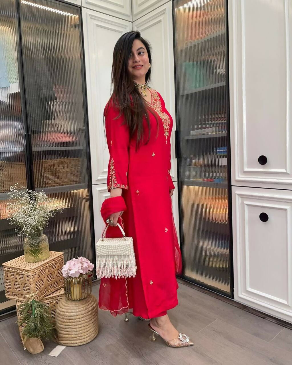 The52 Red Beautiful Embroidered Rayon Fabric Straight Kurta Pant with Dupatta Set - Swadesiicart