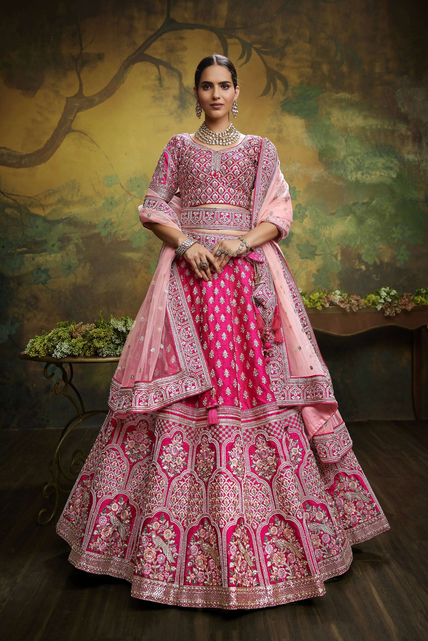 House of Panchhi Pink Pure Silk Moti & Zarkan heavy embroidery Lehenga choli & Dupatta | Swadesiicart