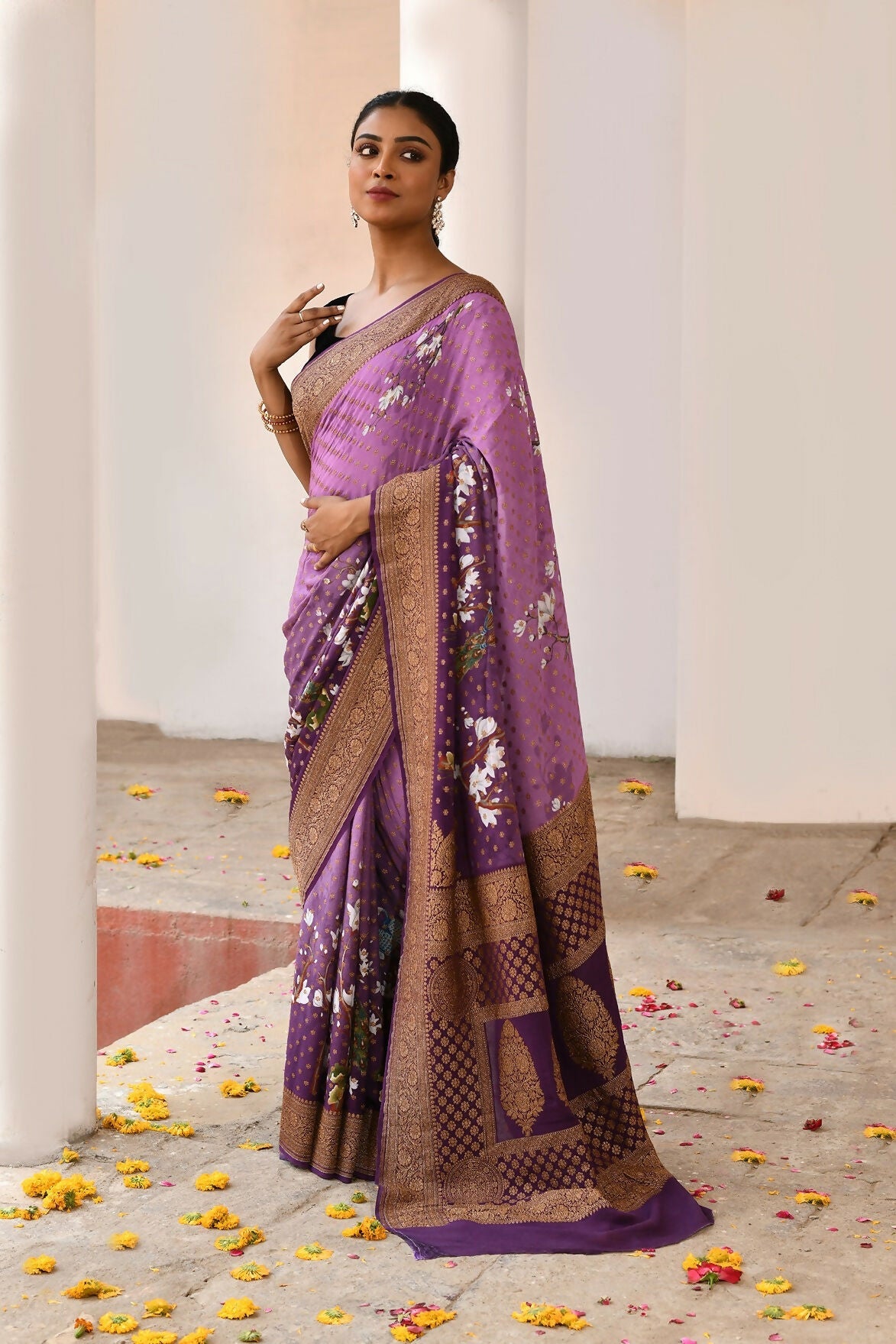 Joban Fashion Plum Purple Crepe Chiffon Pure Handloom Banarasi Silk Saree | Swadesiicart