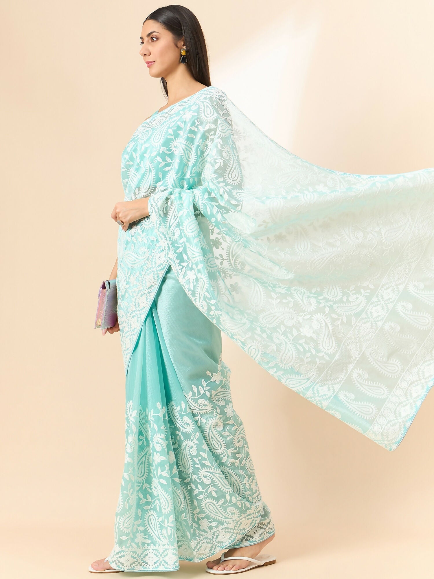 Blue Organza Paisely Embroidered Saree with Unstitched Blouse Piece - Roozal