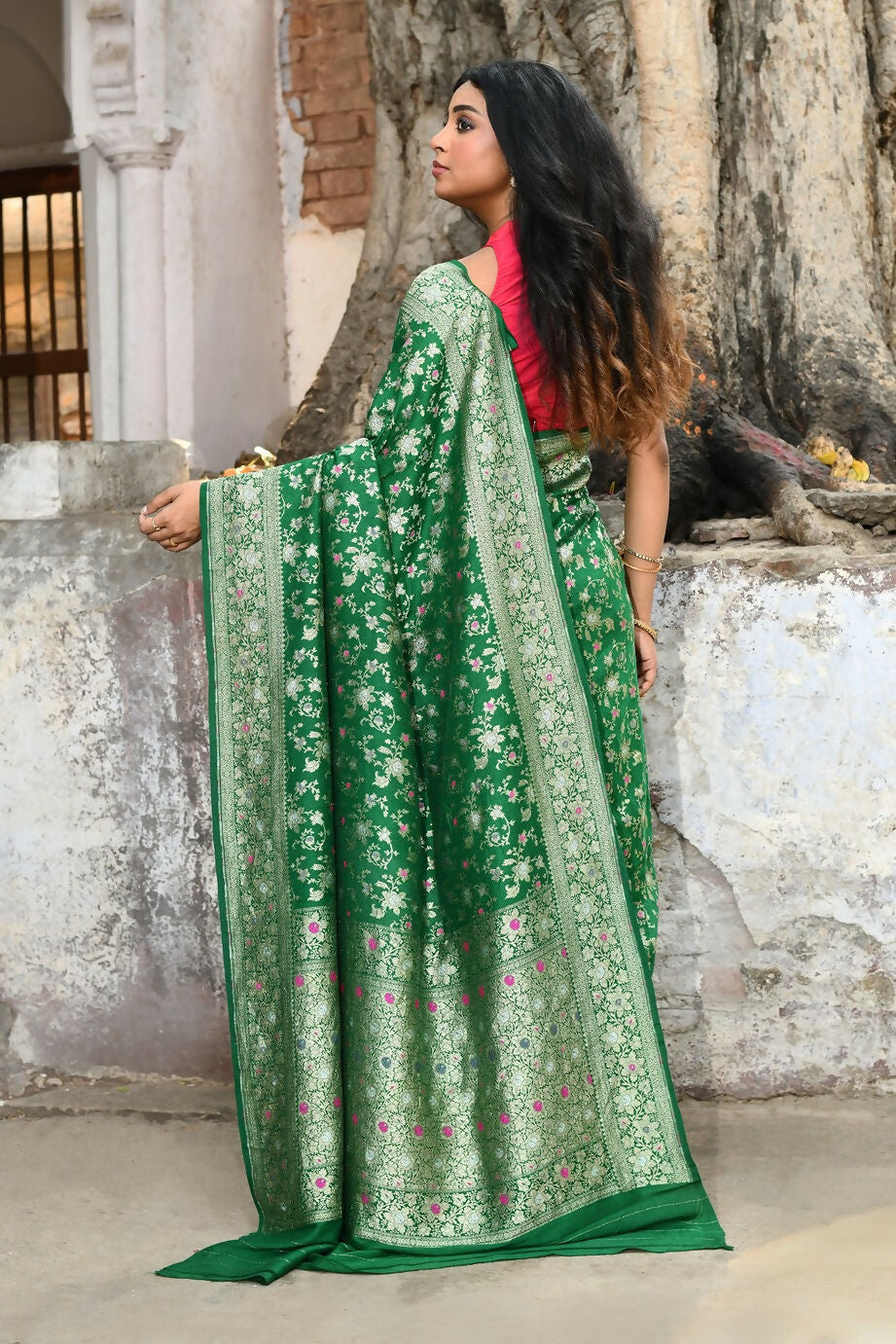 Joban Fashion Green Pure Crepe Pure Handloom Banarasi Silk Saree | Swadesiicart