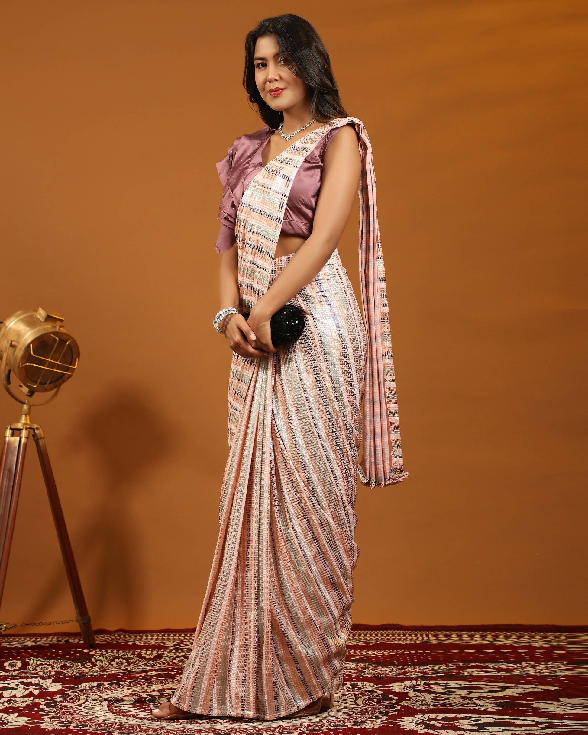 Peach Pure Georgette Sequence work Ready to wear Saree with stitched Blouse - Satiksha | Swadesiicart