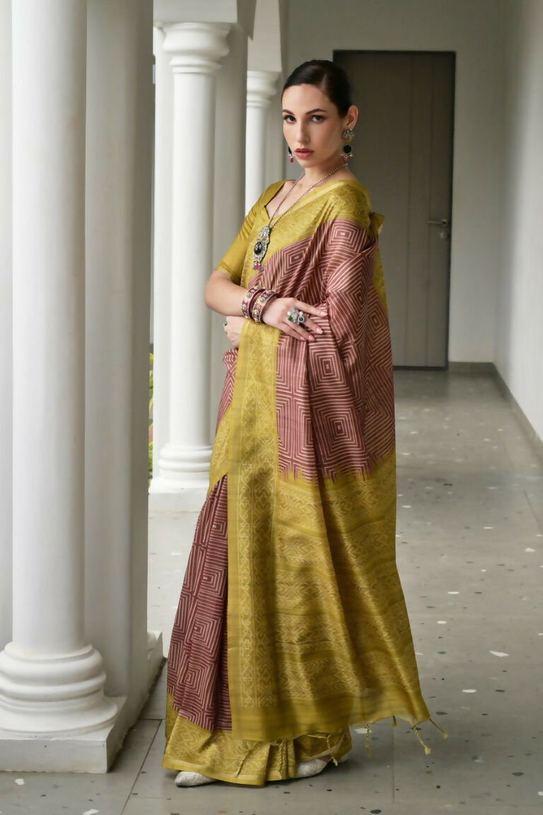 Vishnu Weaves Women's Pista Soft Tussar Silk Printed Saree with Blouse - Swadesiicart