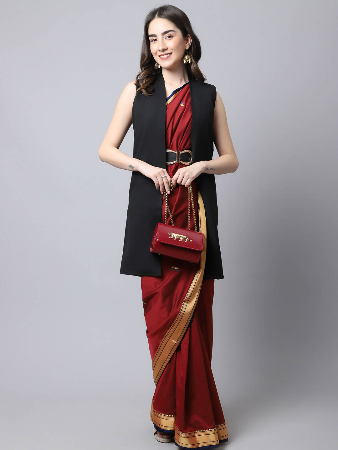 Even Apparels Black Polywool Open Front Women's Long Coat | Swadesiicart