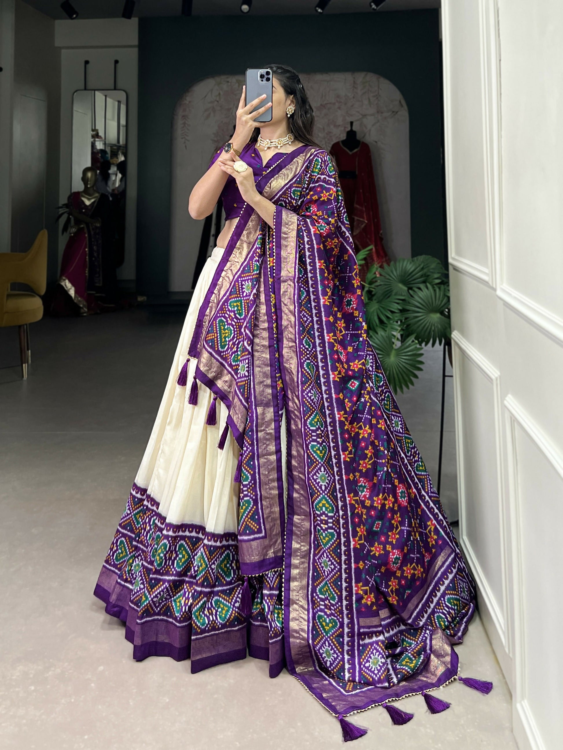 Lorenvalley Offwhite and Purple Tussar Silk Patola Print Lehenga Choli | Swadesiicart