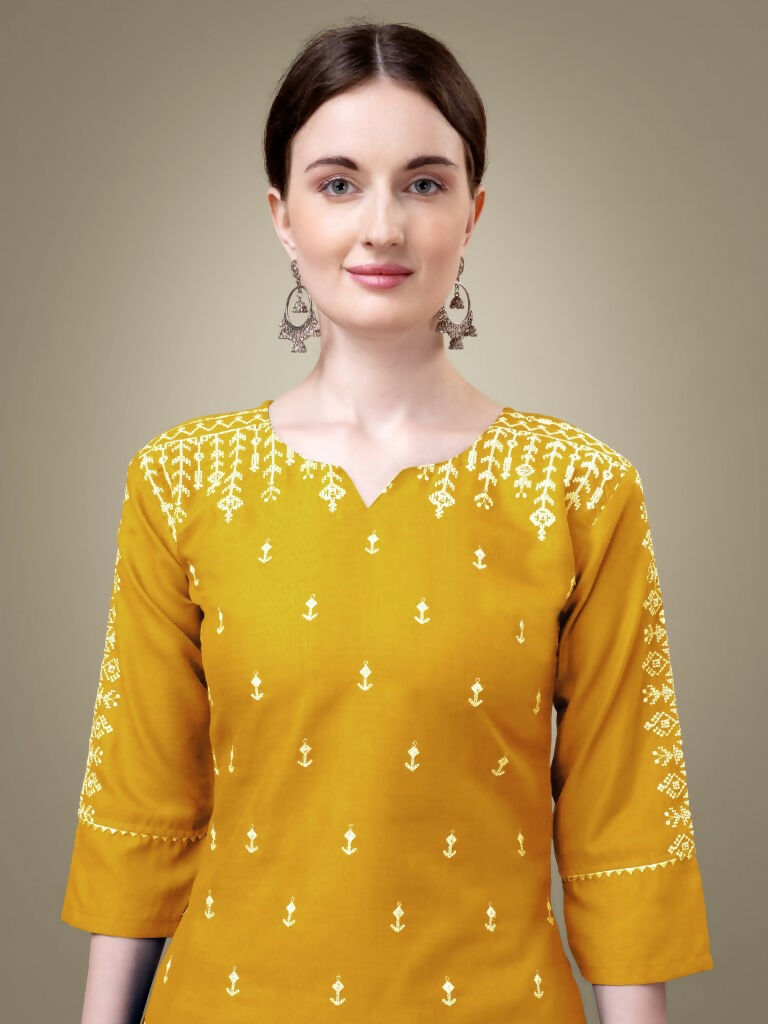 Jyoti Fashion Women's Yellow Cotton Blend Embroidery & Sequence work Kurta with Trouser & Dupatta | Swadesiicart