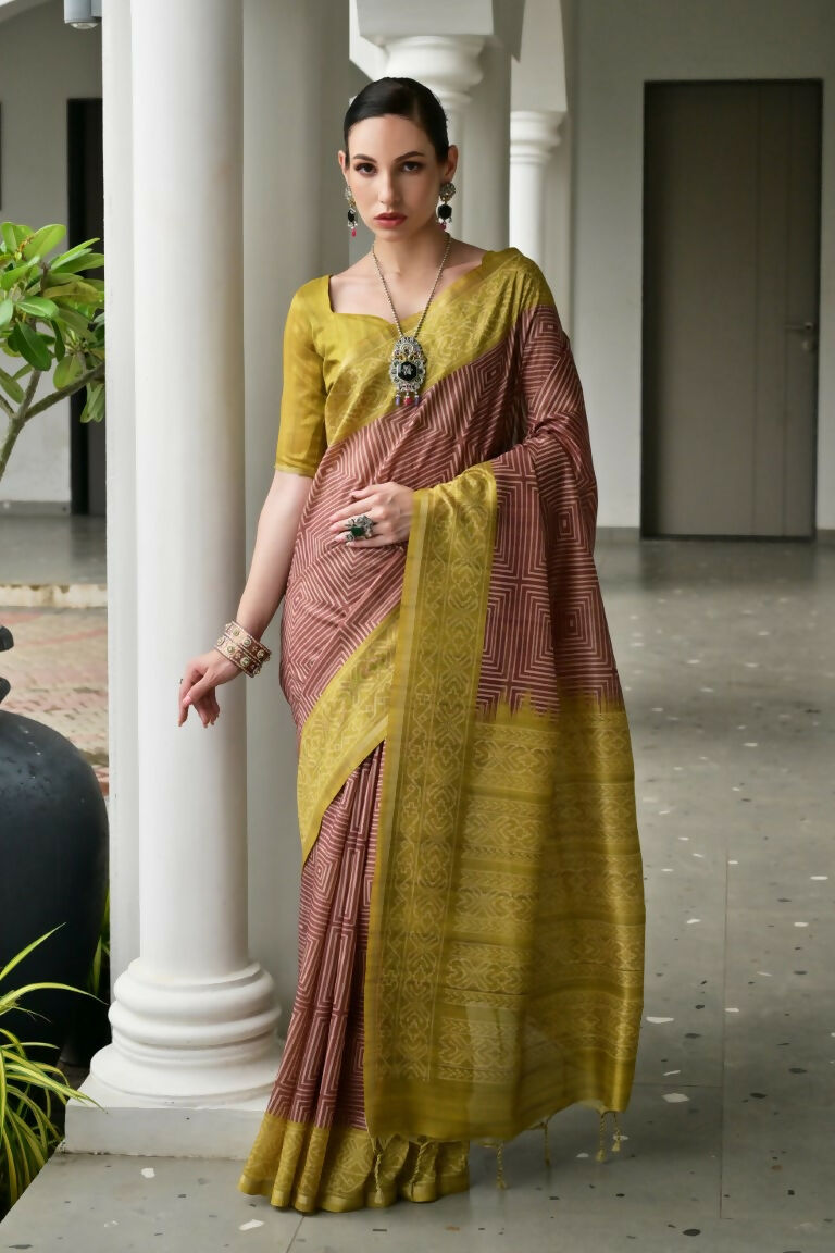 Vishnu Weaves Women's Pista Soft Tussar Silk Printed Saree with Blouse - Swadesiicart