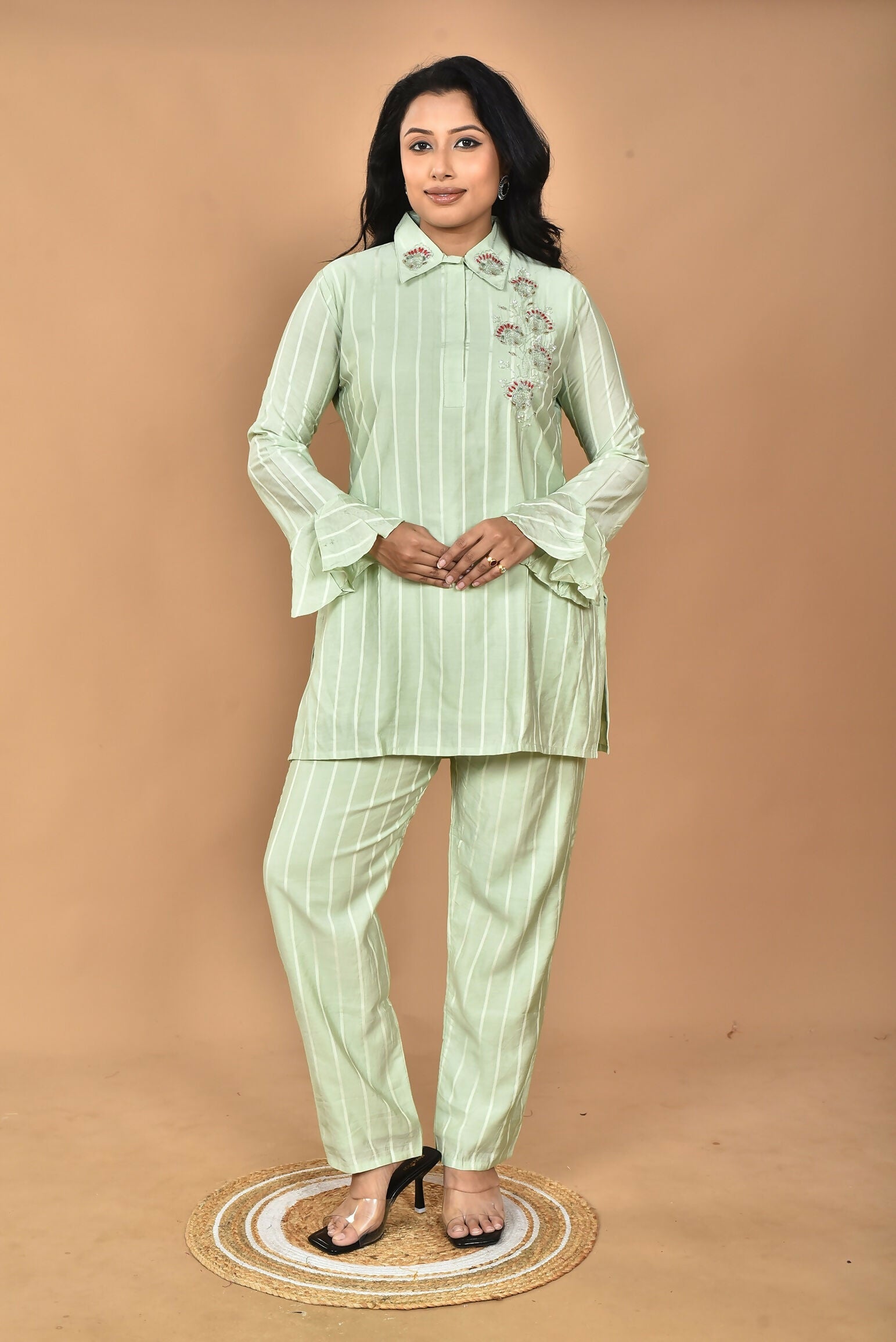 Morchari Women And Hand Embroidery Co-Ords-Green - Swadesiicart