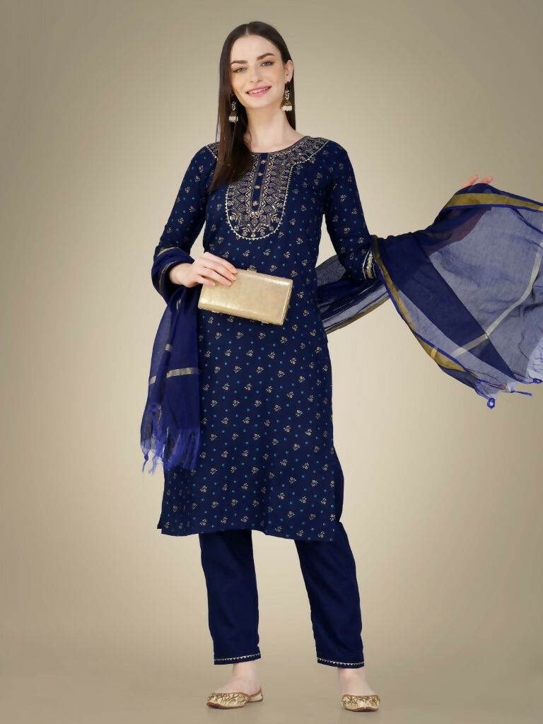 Jyoti Fashion Women's Navy Blue Cotton Magic Slub Embroidery & Sequence work Kurta with Trouser & Dupatta | Swadesiicart