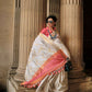 Petunia Flower Whitesoft Handloom Sik Zari & Thread Work, Contrast Pallu Saree - Rajtex Kube Silk - Swadesiicart