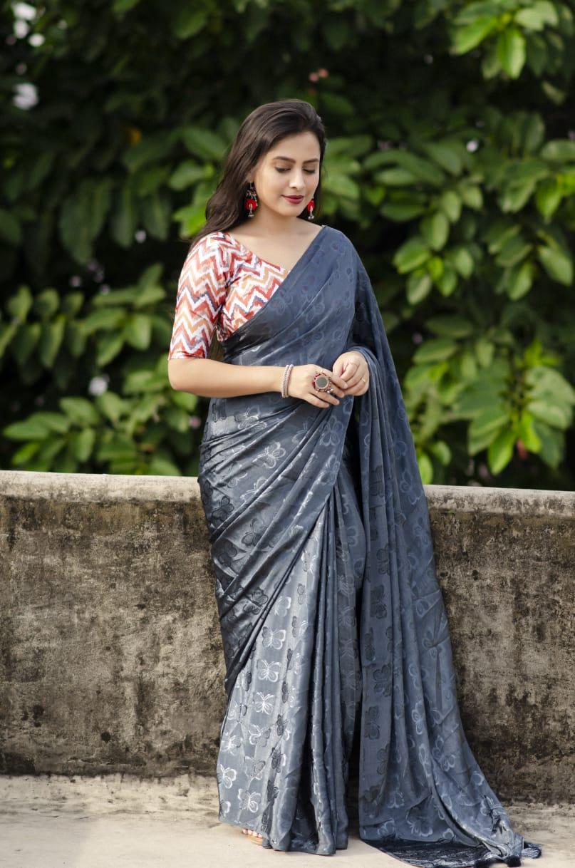 Grey Silk Blend Ethnic Motifs Saree with Unstitched Blouse - Hiral Fashion | Swadesiicart