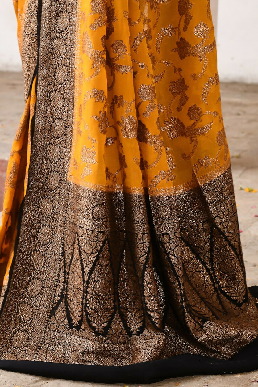 Joban Fashion Yellow Crepe Chiffon Pure Handloom Banarasi Silk Saree | Swadesiicart