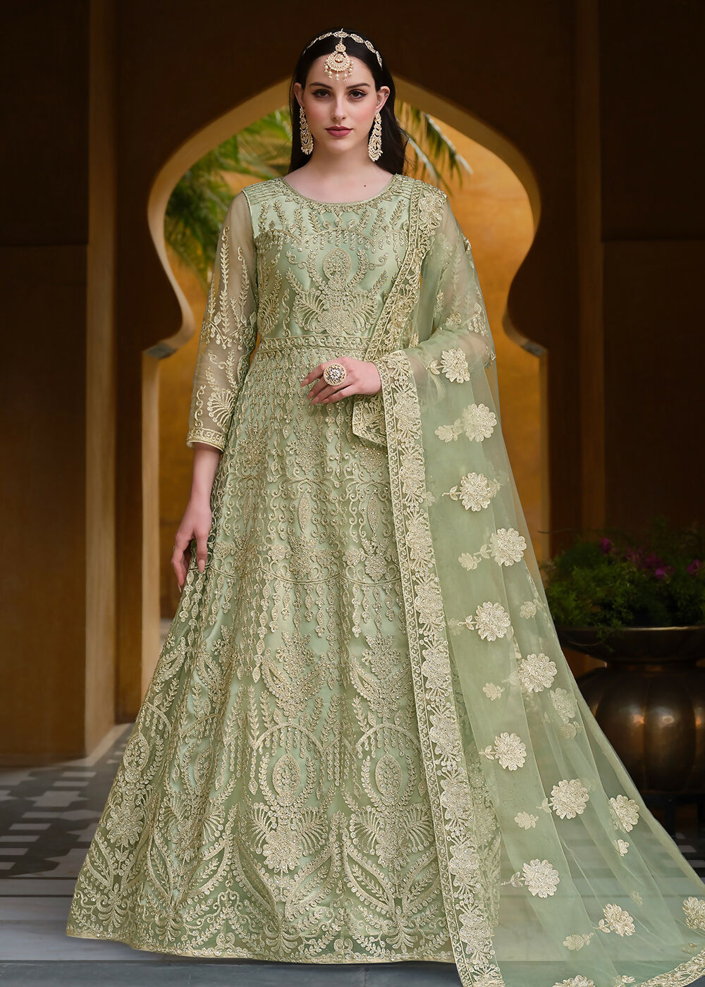 Pista Green Pure Butterfly Net Wedding Wear Anarkali Suit - Emponline | Swadesiicart