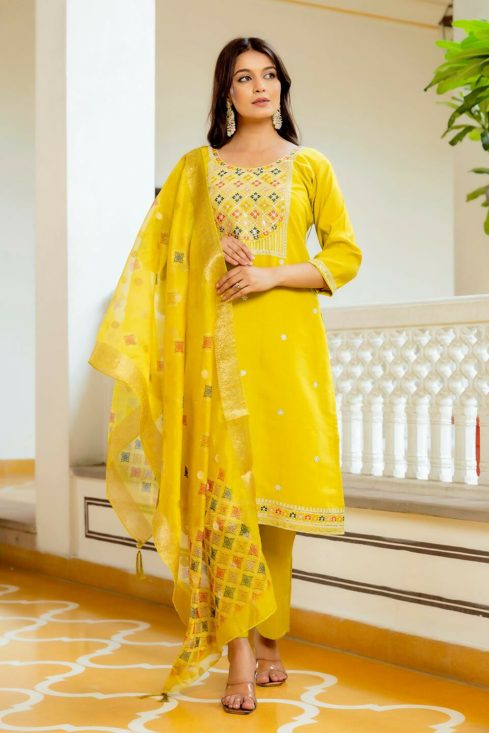 The52 Yellow Women's Beautiful Embroidered Viscose Shimmer Fabric with Straight Kurta, Pant and Dupatta Set - Swadesiicart