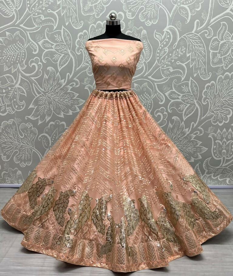 Jyoti Fashion Women's Peach Bridal Net Fancy Foil & Sequins with Multi Thread Embroidered Wedding Lehenga Choli | Swadesiicart