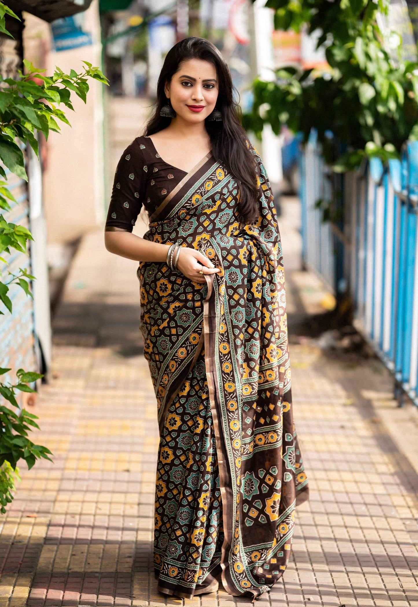 Coffee Cotton Blend Ajrak Saree with Unstitched Blouse - Hiral Fashion | Swadesiicart