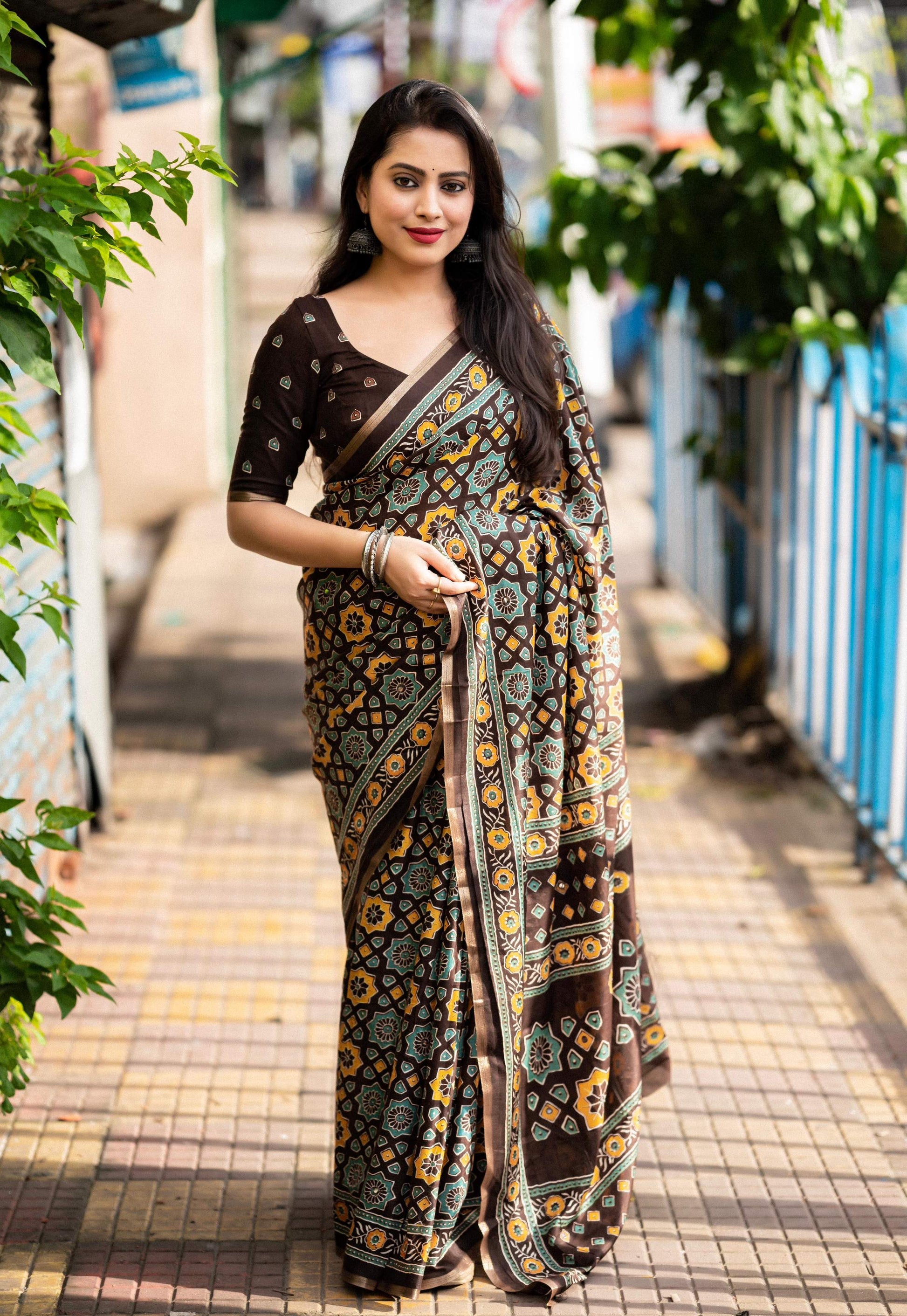 Coffee Cotton Blend Ajrak Saree with Unstitched Blouse - Hiral Fashion | Swadesiicart