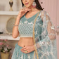 Aastha Fashion Ocean Blue Butterfly Net White Cotton Thread Work, Zari Work And Sandwich Sequence Work Embroidery Wedding Wear Lehenga Choli