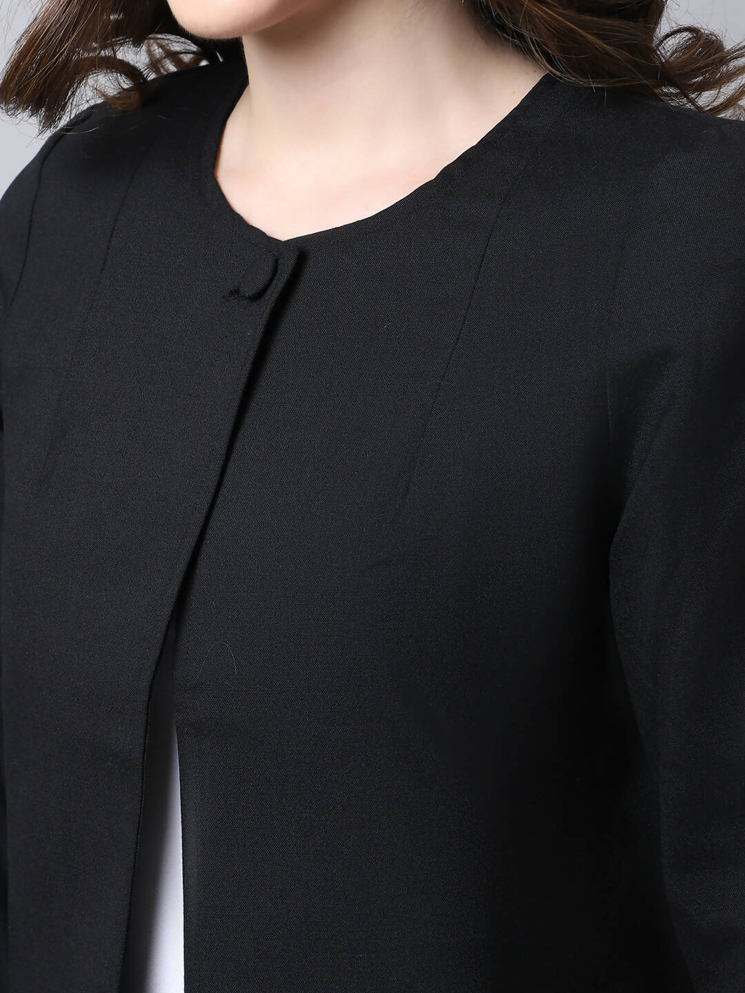 Even Apparels Black Linen Cotton Open Front Statement Women's Jacket | Swadesiicart