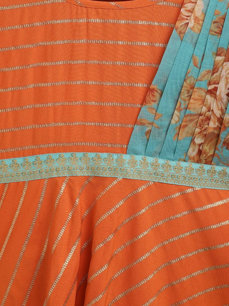 Ahalyaa Orange Crepe Gold Striped Printed Kids Dress Kurta With Attached Dupatta For Girls | Swadesiicart