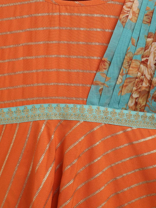 Ahalyaa Orange Crepe Gold Striped Printed Kids Dress Kurta With Attached Dupatta For Girls | Swadesiicart