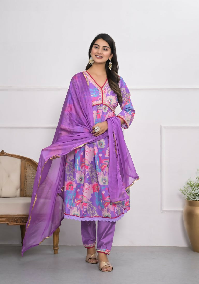 Lavender Muslin silk Embroidery with Thread and sequence Stitched Suit With Dupatta - Tanisha | Swadesiicart
