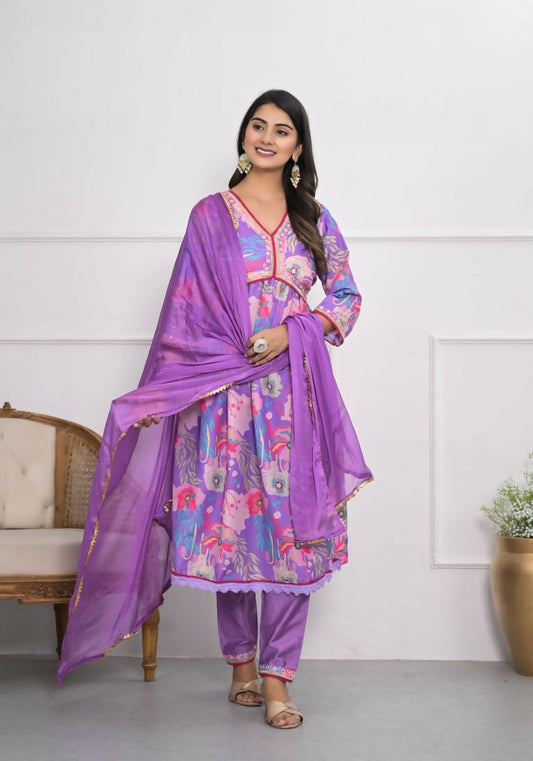 Lavender Muslin silk Embroidery with Thread and sequence Stitched Suit With Dupatta - Tanisha | Swadesiicart