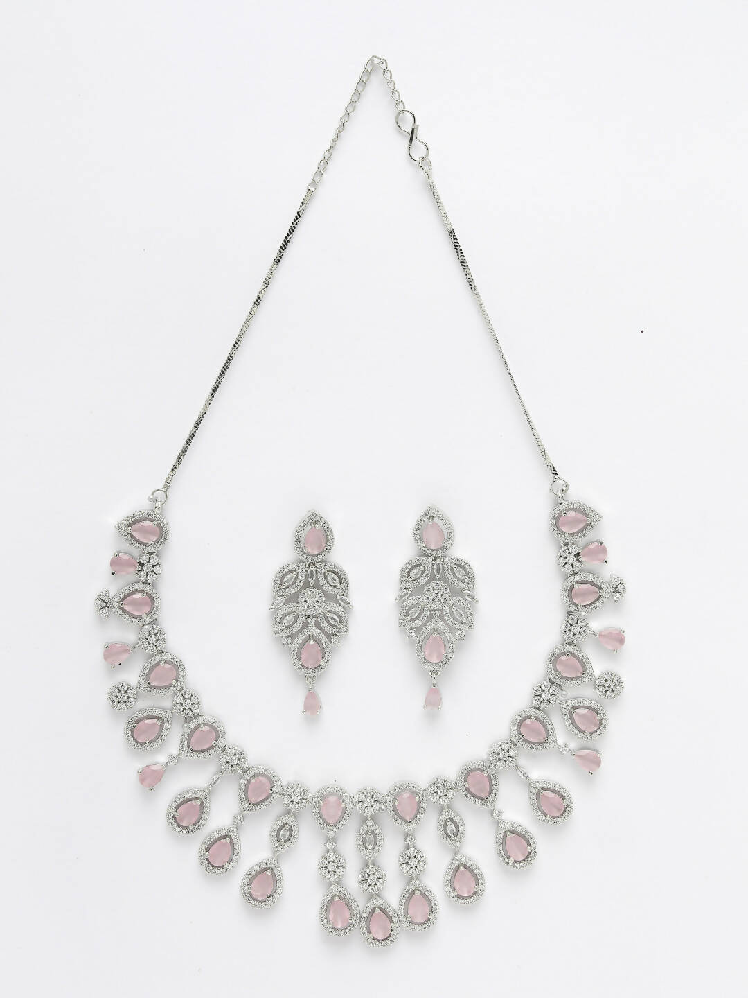 NVR Women Silver Plated & Pink Cz Stone Handcrafted Jewellery Set - Swadesiicart