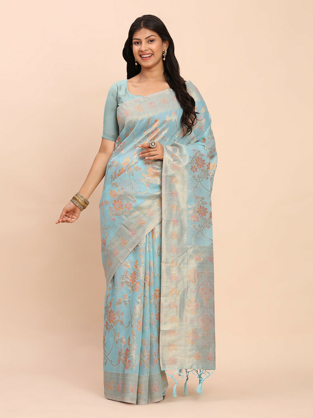 Shree Shyam Fashion Linen Cotton Sky Blue Saree