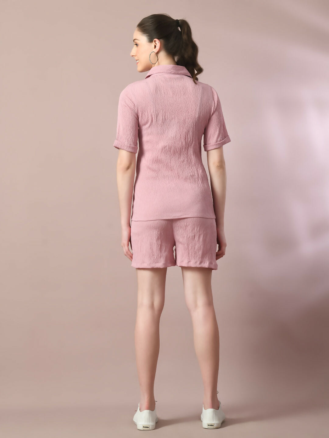 Myshka Women's Pink Solid Shirt Collar Party Shirt With Shorts Co-ord set - Swadesiicart