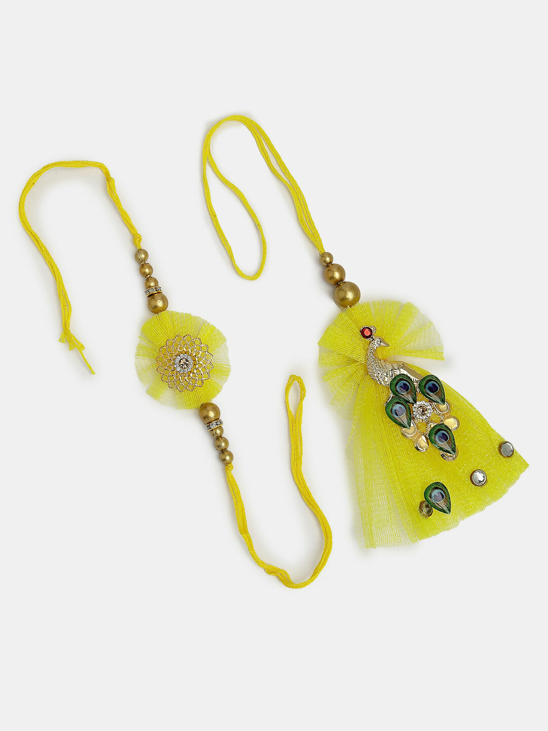 NVR Women & Men Set of 2 Yellow Peacock Design Bhaiya Bhabhi Rakhi With Roli Chawal & Chocolate | Swadesiicart