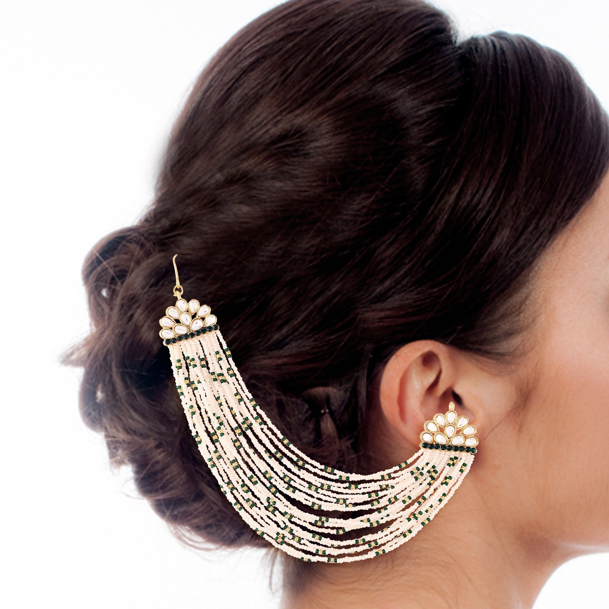 Gold-Polished Multi Strand Earring with Ear Chain Embellished With Pearl For Women/Girls - Wahe Jewels - Swadesiicart