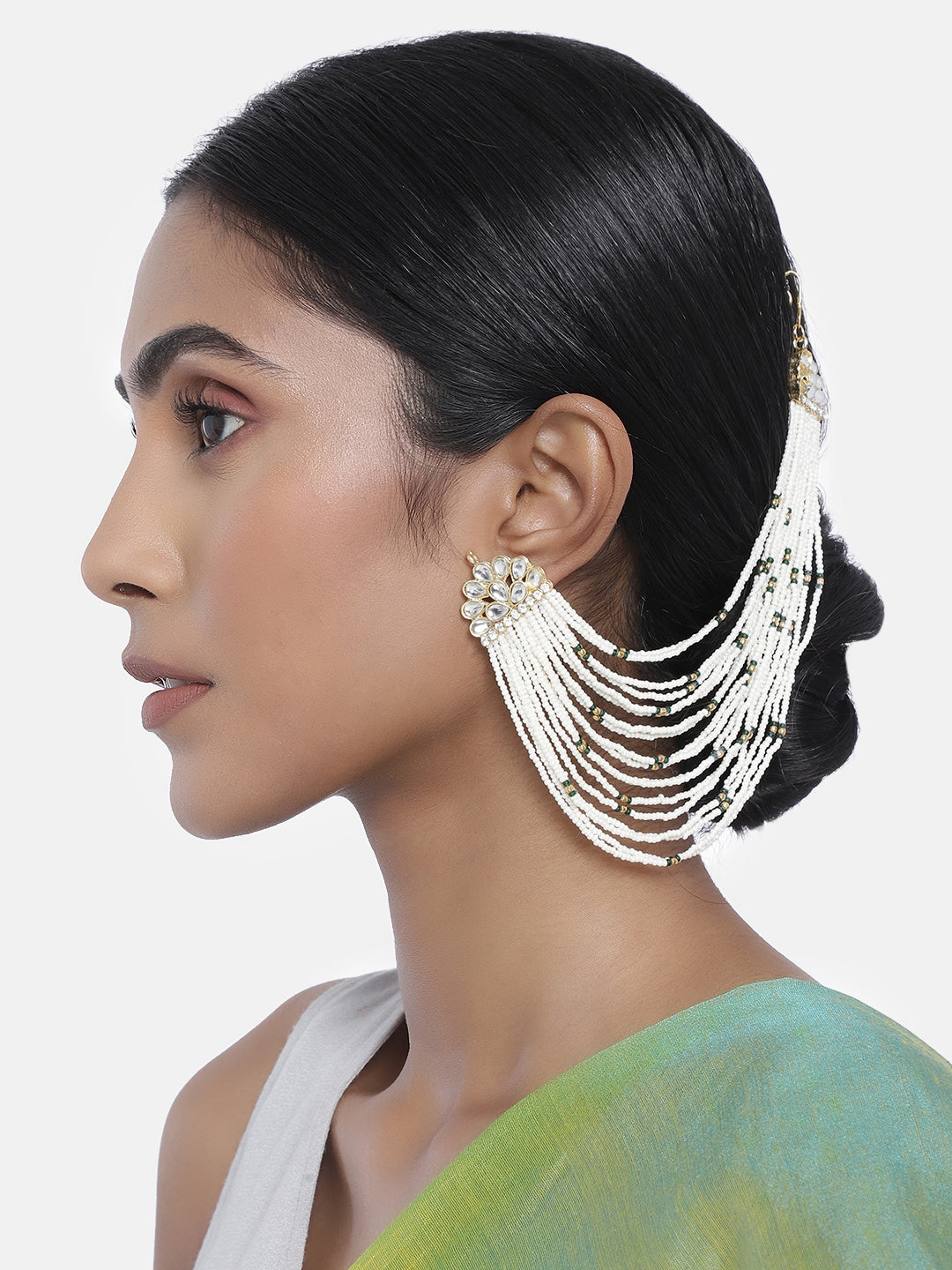 Gold-Polished Multi Strand Earring with Ear Chain Embellished With Pearl For Women/Girls - Wahe Jewels - Swadesiicart