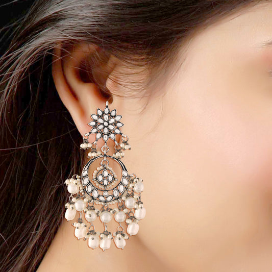Gold-Polished Silver Oxidised Traditional Handcrafted Pearl Kundan Beaded Chandbali Earrings for Women/Girls - Wahe Jewels - Swadesiicart